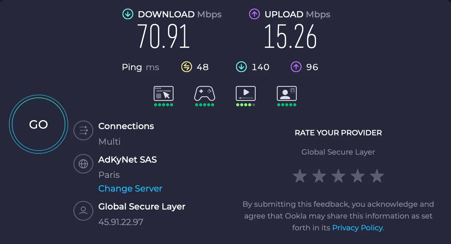 Test ExpressVPN rychlost server Paríž | Venclíkovi.cz Speedtest ExpressVPN Paříž – download 70,91 Mbps, ping 48 ms