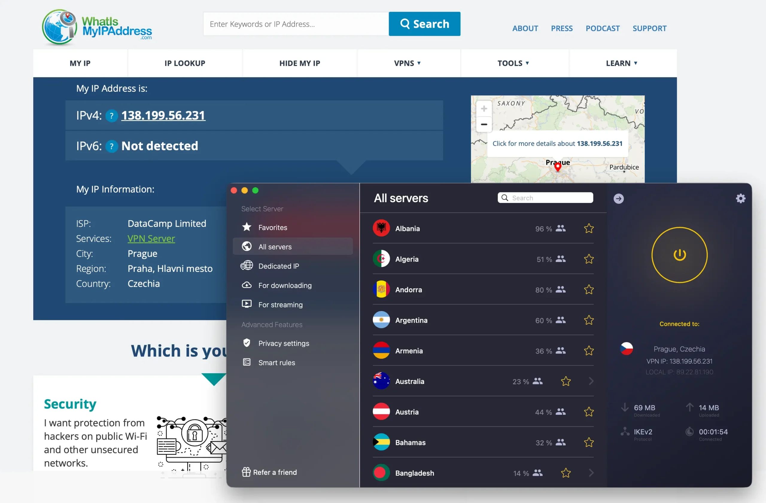 Test Whatsmyip CyberGhost | Venclíkovi.cz WhatIsMyIPAddress test CyberGhost VPN zobrazující IP 138.199.56.231 Praha DataCamp Limited