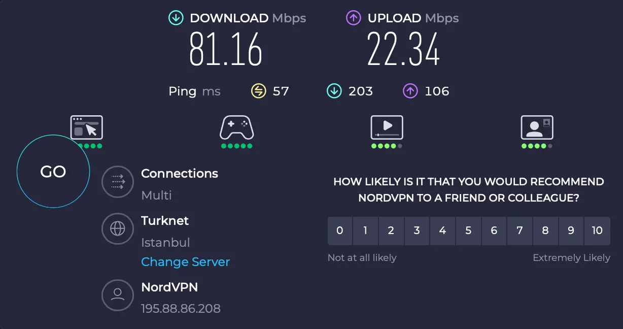 Turecko Instabul - rychlost serveru NordVPN | Venclíkovi.cz Speedtest NordVPN Istanbul – download 81,16 Mbps, ping 57 ms