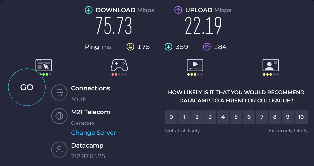 Venezuela Caracas - NordVPN server speed | Venclíkovi.cz Speedtest NordVPN Caracas – download 75,73 Mbps, ping 175 ms