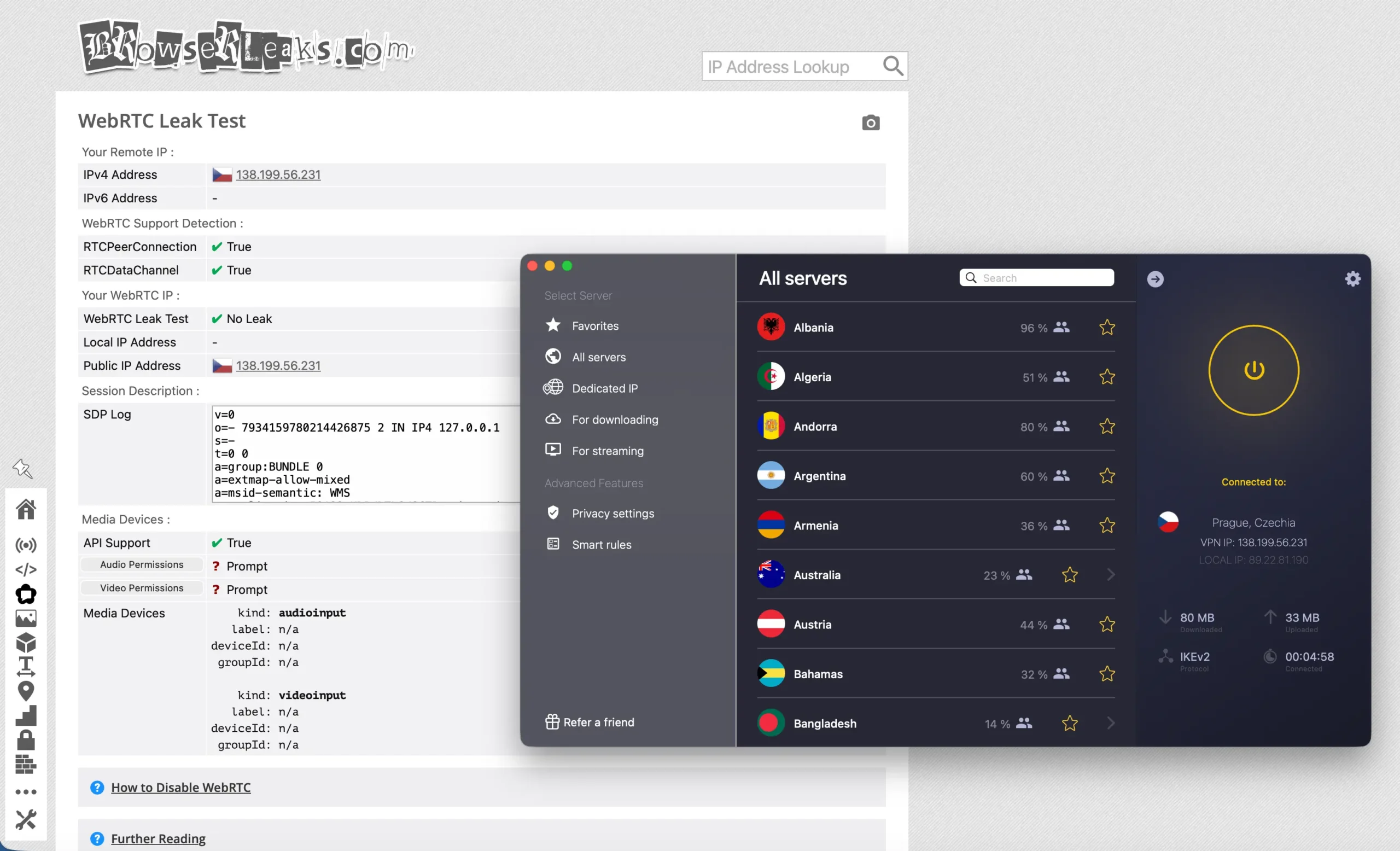 WebRTC leak test CyberGhost | Venclíkovi.cz WebRTC leak test CyberGhost VPN bez úniku lokální IP adresy No Local IP Leak