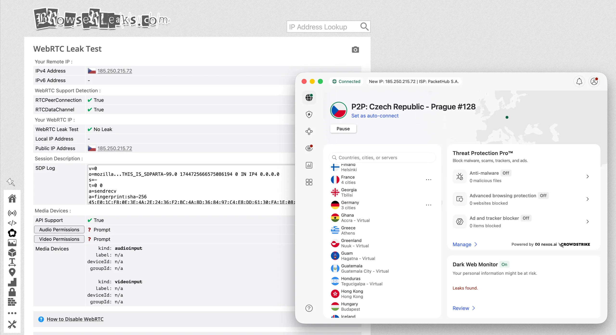 WebRTC test | Venclíkovi.cz Výsledek testu WebRTC úniků při použití VPN