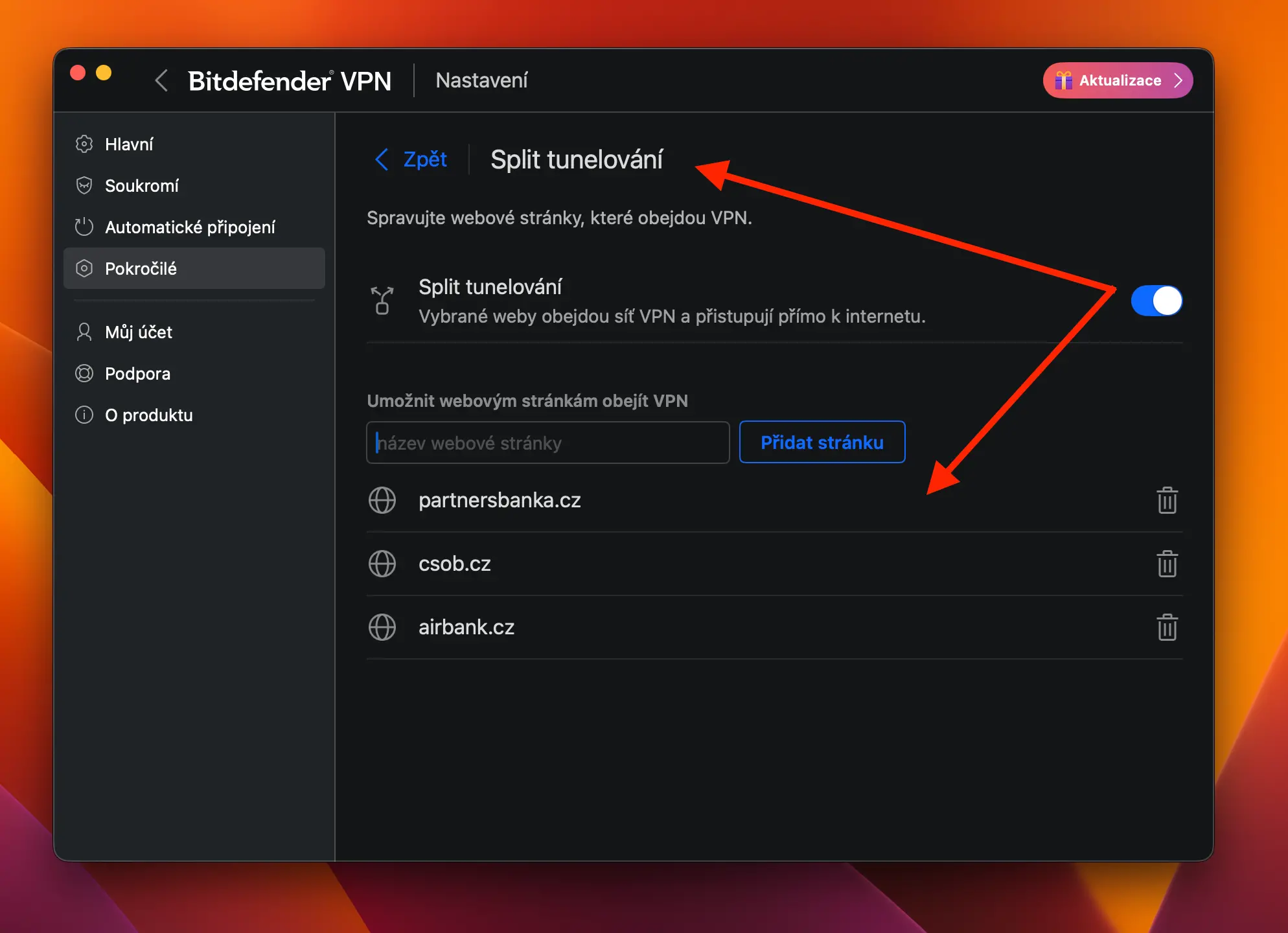 bitdefender-vpn-split-tunelovani-vyjimky-webu | Venclíkovi.cz Nastavení Split tunelingu v aplikaci Bitdefender VPN s výjimkami pro konkrétní weby jako partnersbanka.cz, csob.cz a airbank.cz.