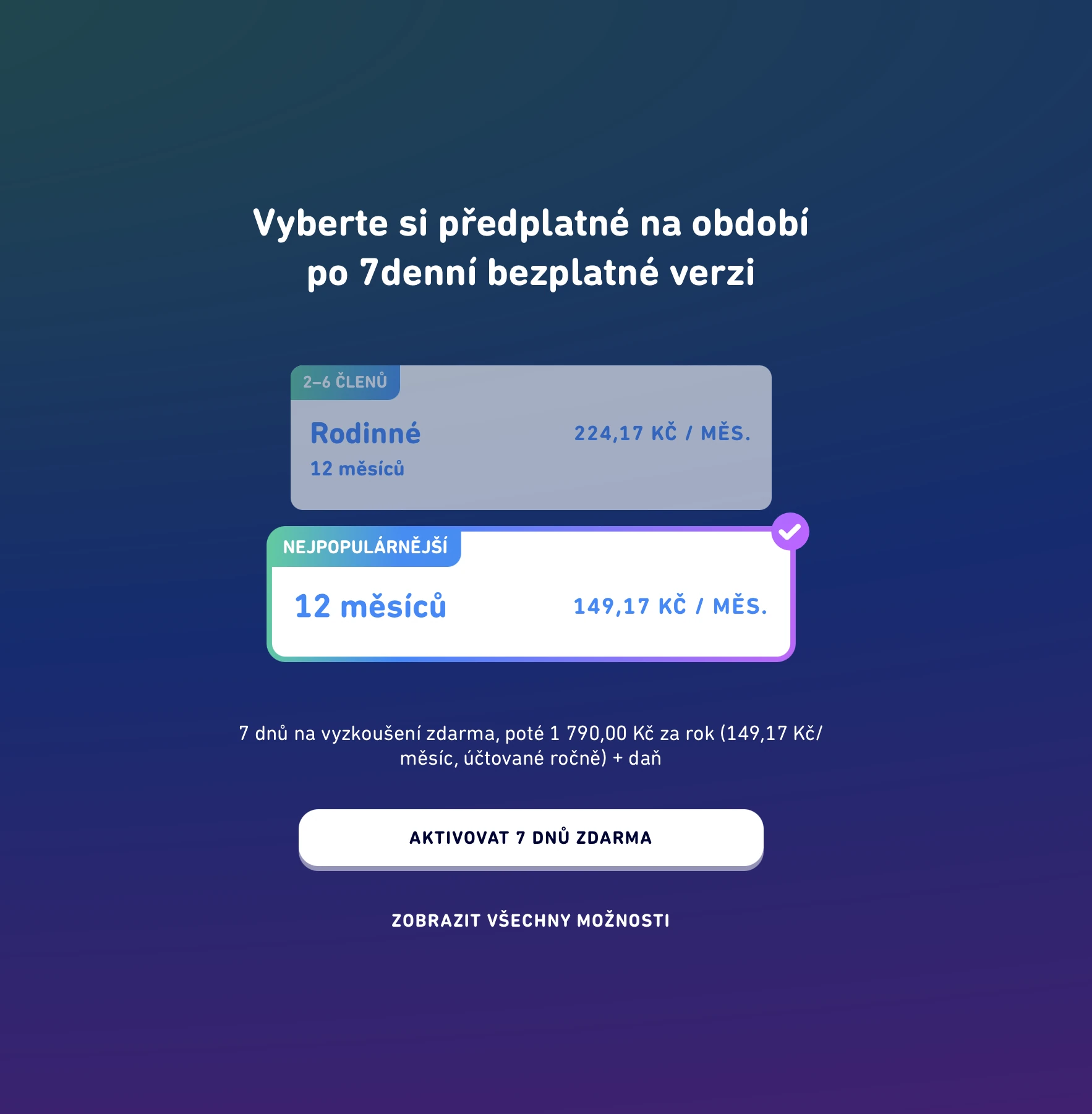 duolingo_vyber_predplatne_rodinne | Venclíkovi.cz Obrazovka výběru předplatného Duolingo s cenami v Česku po 7denní bezplatné zkušební verzi, včetně individuálního a rodinného tarifu.