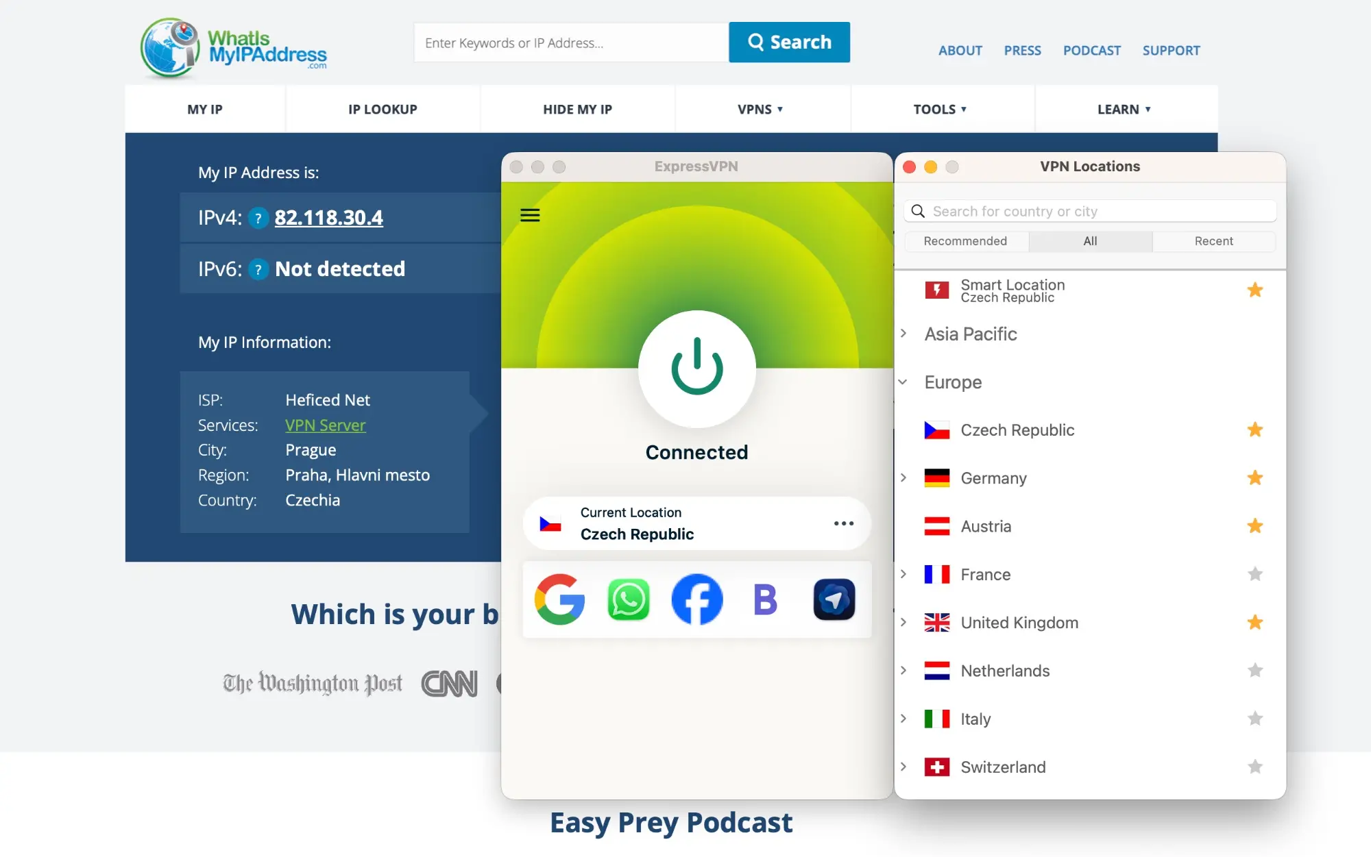 expressvpn-01-ip-adresa-whatismyip | Venclíkovi.cz ExpressVPN test IP adresy – whatismyipaddress.com zobrazuje IP 82.118.30.4 od Heficed Net v Praze místo skutečné IP