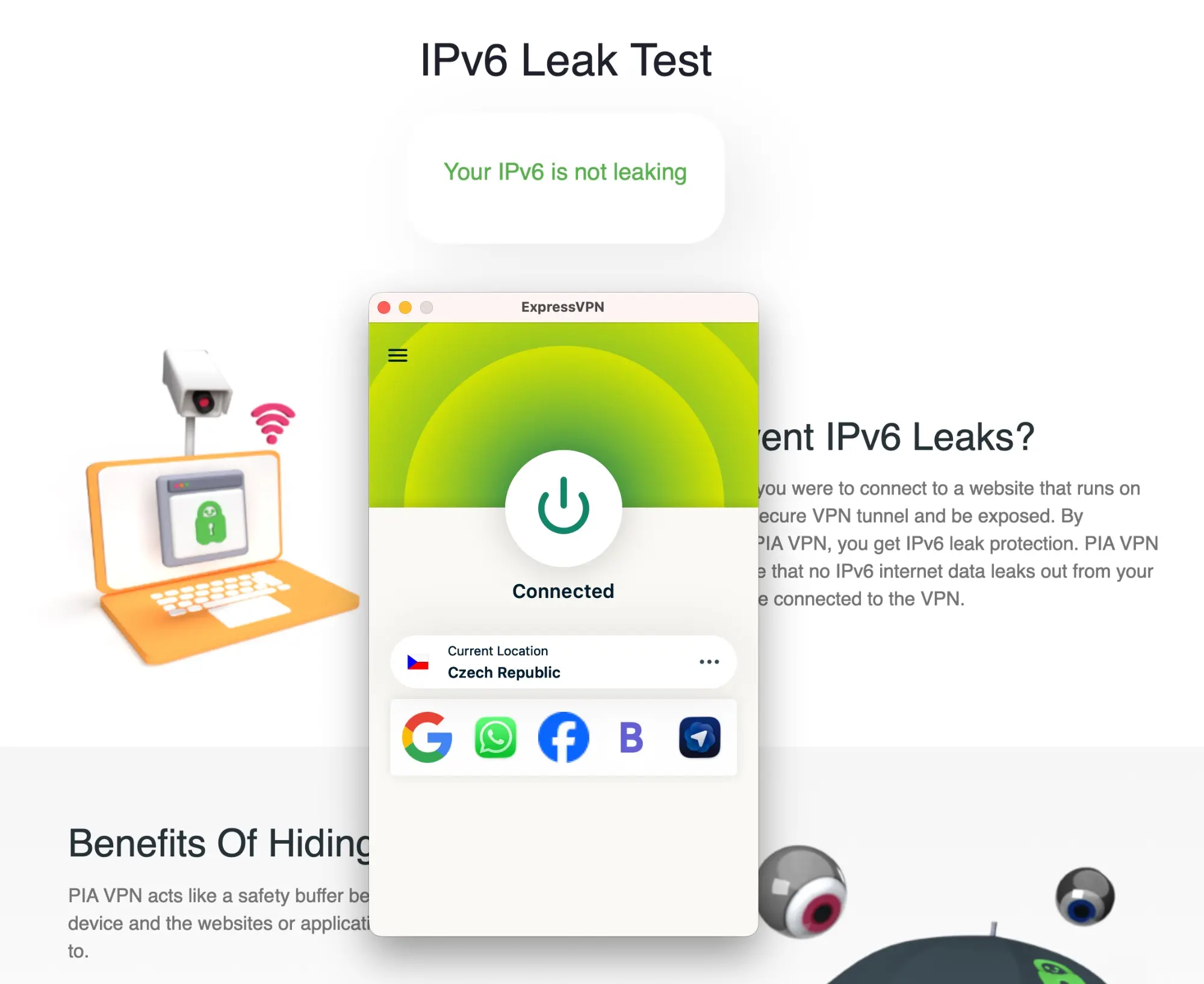 expressvpn-04-ipv6-leak-test | Venclíkovi.cz ExpressVPN IPv6 leak test – ipv6leak.com zobrazuje Your IPv6 is not leaking, aplikace připojena k Czech Republic