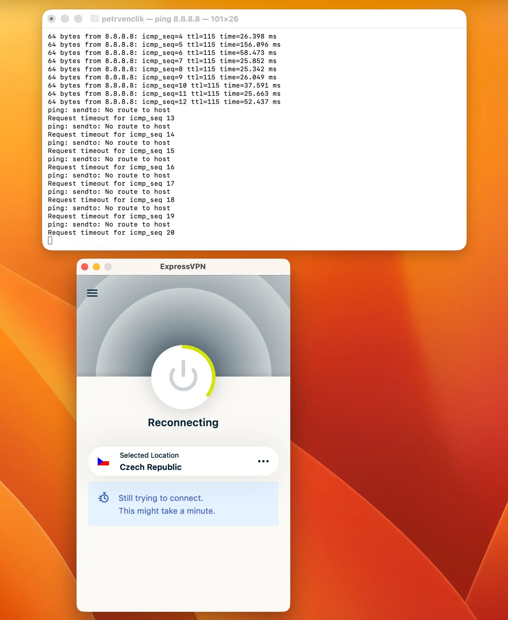 expressvpn-05-kill-switch-ping | Venclíkovi.cz ExpressVPN kill switch test – Terminal ping 8.8.8.8, od seq 13 hlášení No route to host, aplikace ukazuje Reconnecting