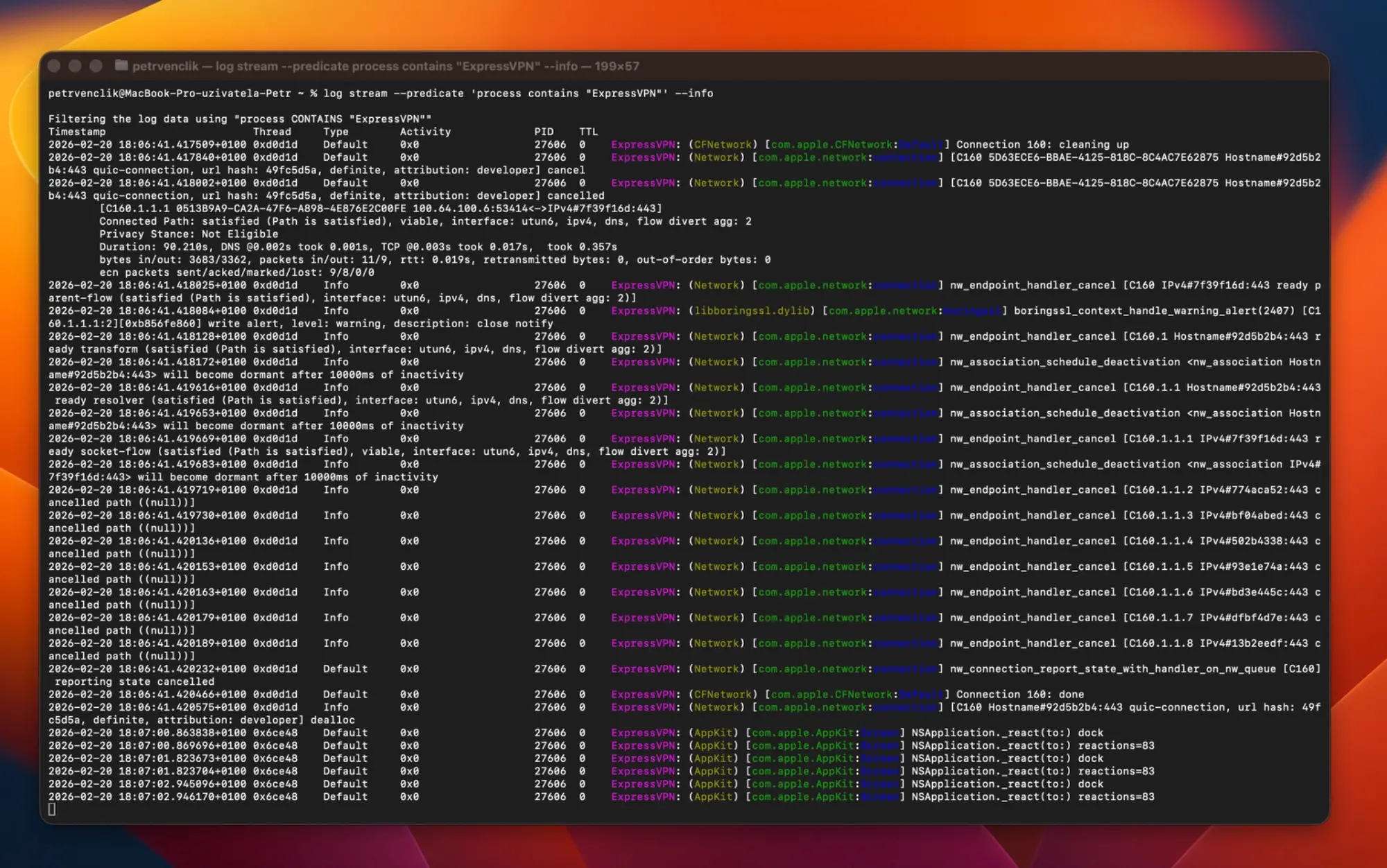 expressvpn-10-system-log-odpojeni | Venclíkovi.cz ExpressVPN macOS systémový log – log stream příkaz zachycuje nw_endpoint_handler_cancel a rušení síťových spojení při výpadku VPN