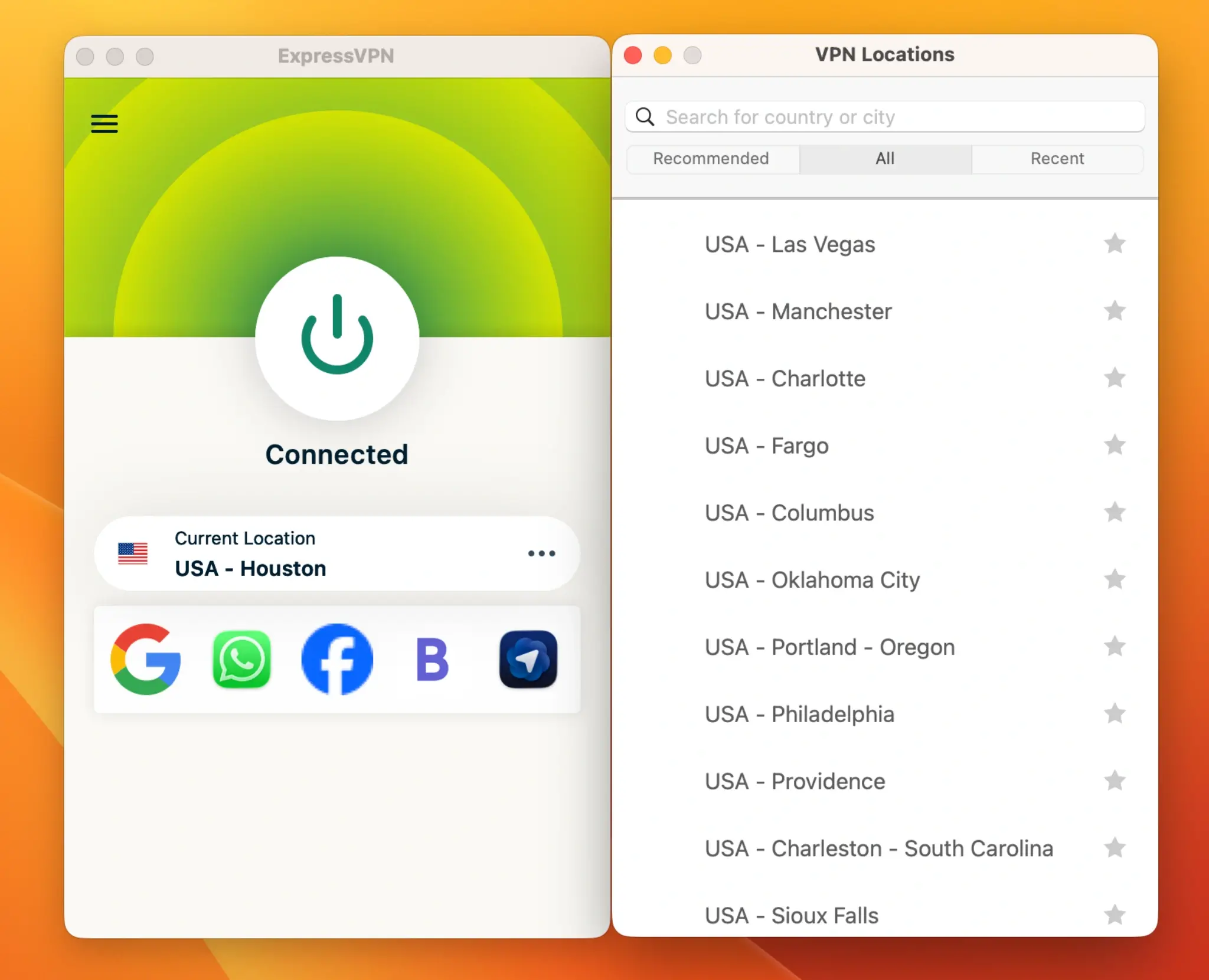 expressvpn-usa-rozsireni-serveru-po-statech | Venclíkovi.cz Aplikace ExpressVPN připojená na server USA Houston s přehledem dostupných VPN lokalit napříč americkými státy.