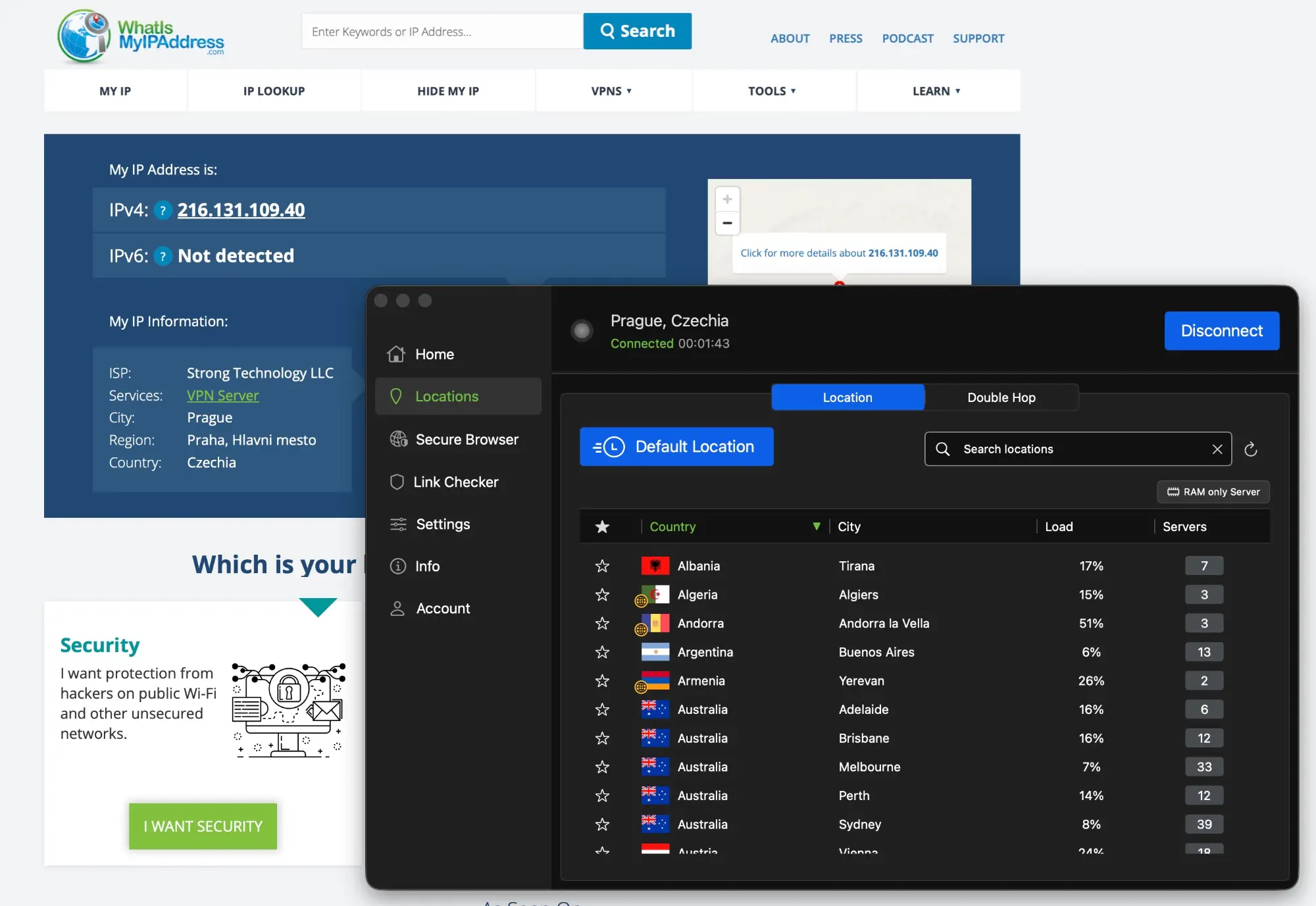 ipvanish-01-ip-adresa-whatismyip | Venclíkovi.cz Test IP adresy na whatismyipaddress.com s IPVanish – zobrazena VPN IP Praha, IPv6 not detected