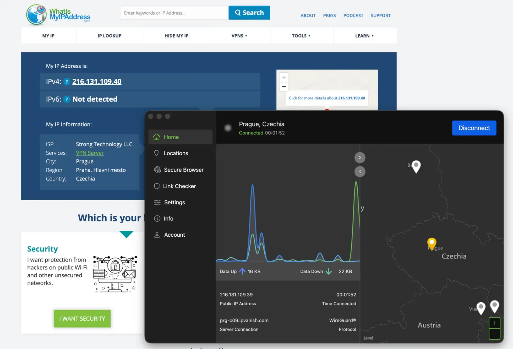 ipvanish-02-ip-adresa-detail-wireguard | Venclíkovi.cz IPVanish detail připojení na macOS – server prg-c09.ipvanish.com, protokol WireGuard, Praha Czechia