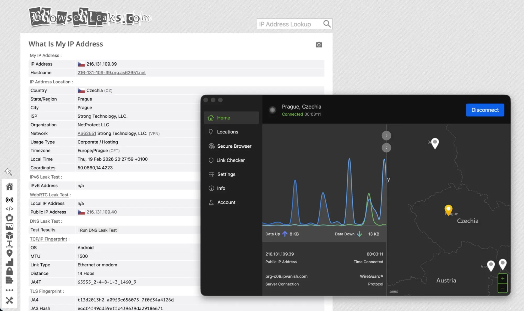 ipvanish-03-browserleaks-ip-webrtc | Venclíkovi.cz BrowserLeaks IP test s IPVanish – zobrazena VPN IP Praha, IPv6 n/a, WebRTC Local IP skryta