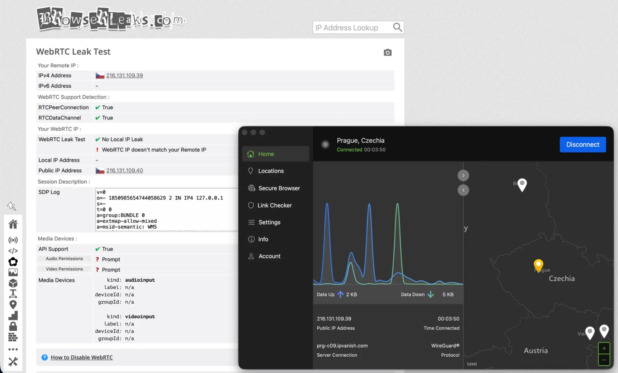 ipvanish-04-webrtc-leak-test | Venclíkovi.cz WebRTC leak test na BrowserLeaks s IPVanish – No Local IP Leak, varování load balancing VPN serveru
