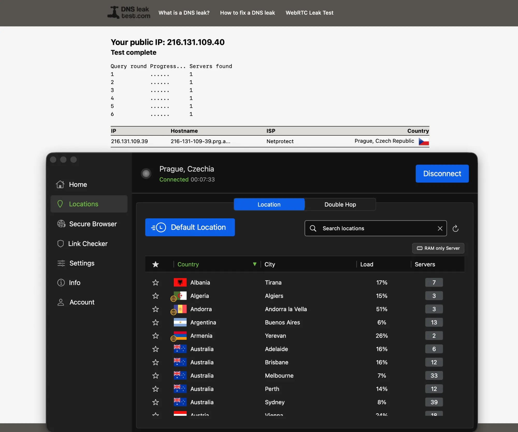 ipvanish-05-dns-leak-test | Venclíkovi.cz DNS leak test na dnsleaktest.com s IPVanish – 6 query rounds, jediný DNS server Netprotect Praha Czech Republic