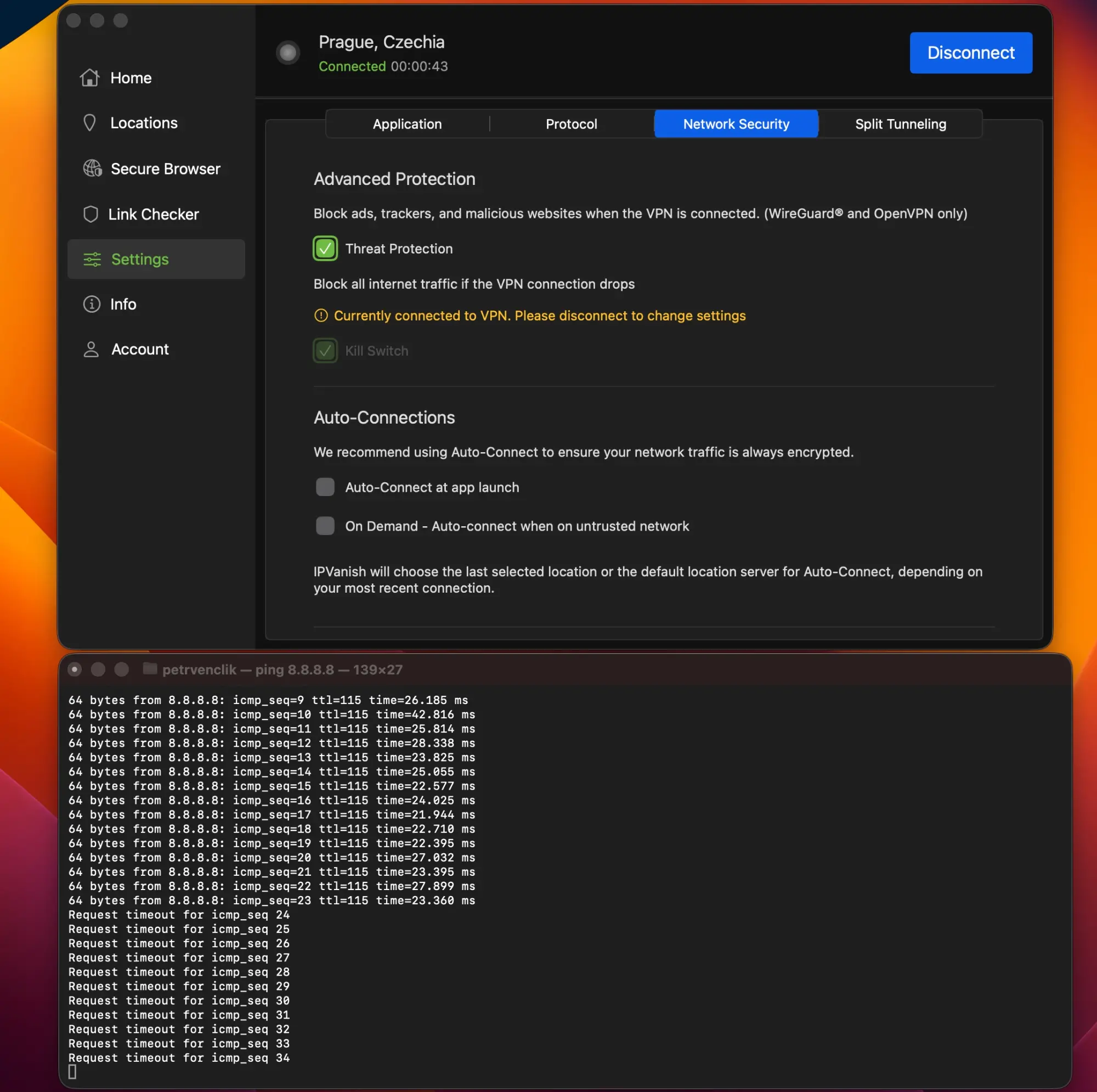 ipvanish-06-kill-switch-test | Venclíkovi.cz IPVanish kill switch test na macOS – ping log ukazuje timeout od icmp_seq 24 po vypnutí Wi-Fi