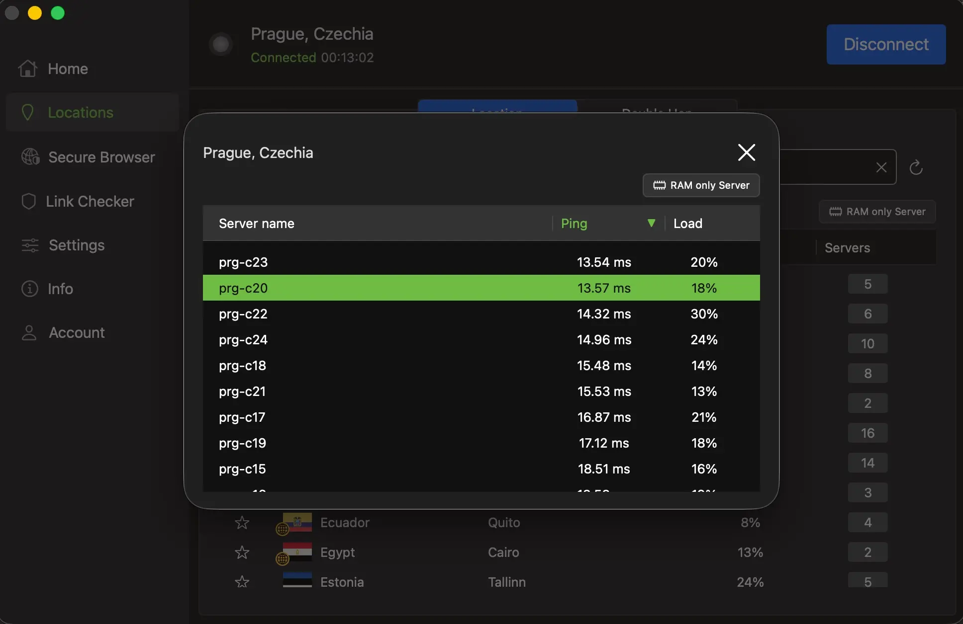 ipvanish-09-servery-praha-ping-1 | Venclíkovi.cz IPVanish seznam pražských serverů – ping hodnoty 13 až 18 ms, aktivní server prg-c20, RAM only