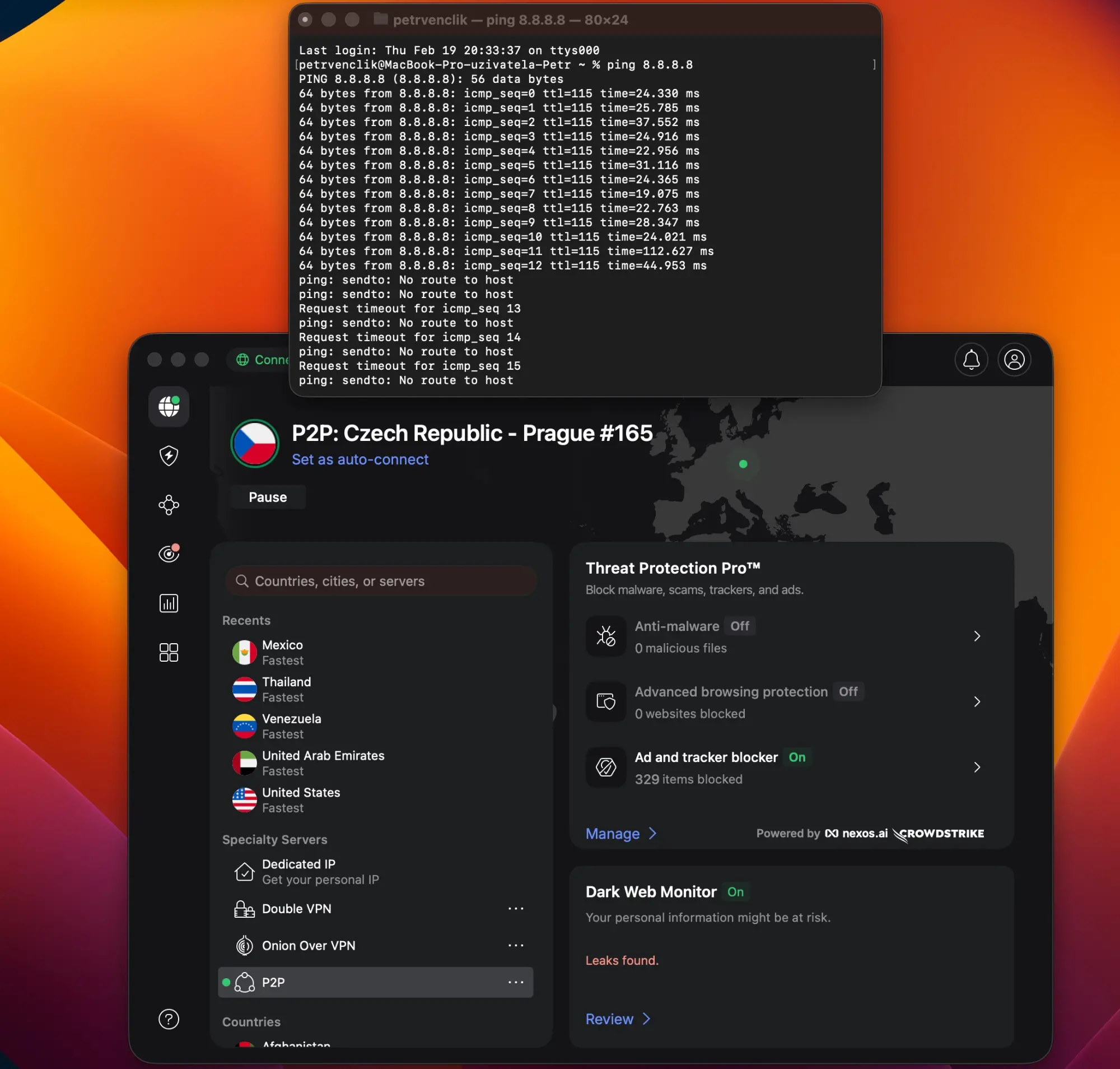 nordvpn-05-kill-switch-ping | Venclíkovi.cz NordVPN kill switch test – ping log v Terminálu ukazuje přerušení od icmp_seq 13 s hláškou No route to host