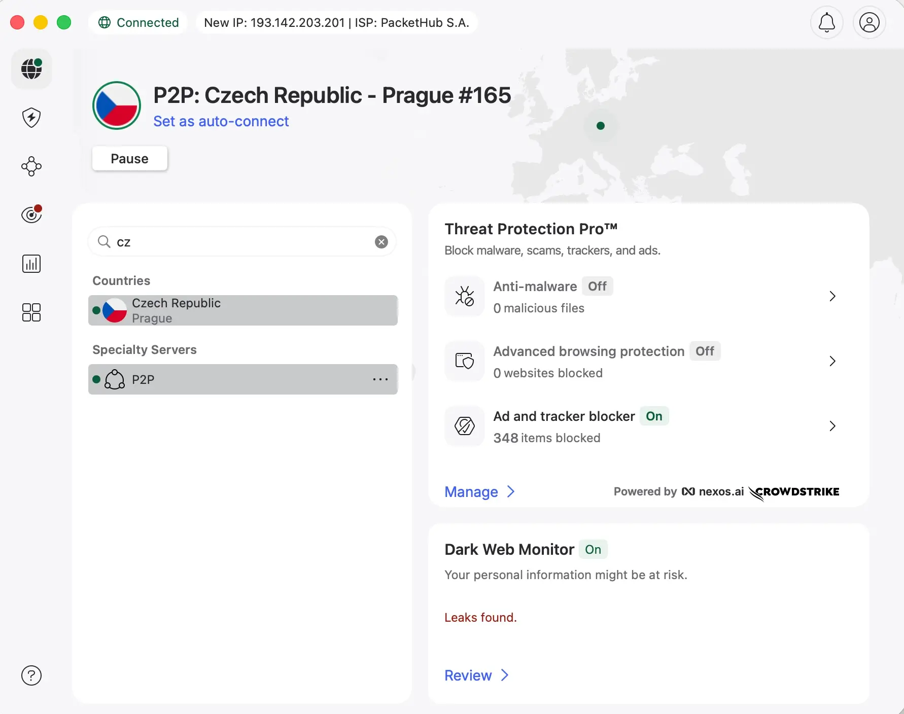 nordvpn-08-aplikace-vyhledavani | Venclíkovi.cz NordVPN aplikace macOS – vyhledávání CZ zobrazí Czech Republic Praha a P2P server, Threat Protection Pro 348 zablokovaných položek