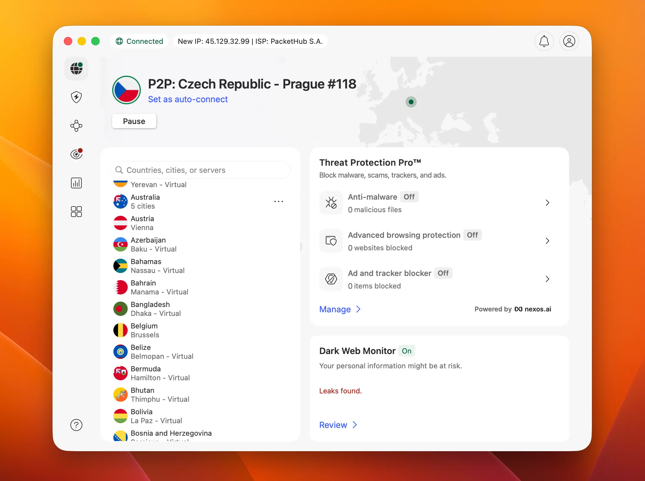 nordvpn-pripojeni-ceska-republika-praha | Venclíkovi.cz NordVPN připojena na český P2P server v Praze, aktivní spojení s novou českou IP adresou a zapnutou ochranou proti hrozbám