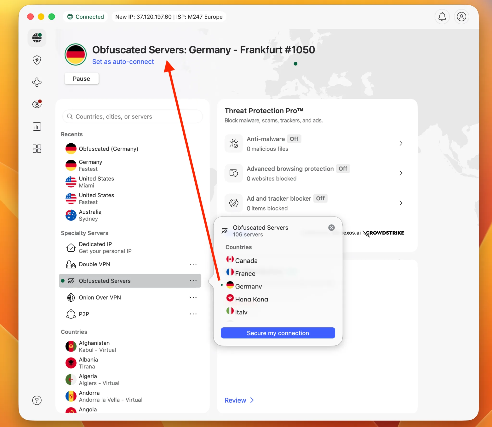 nordvpn_macos_pripojeni_obfuskovany_server_nemecko | Venclíkovi.cz Připojení k obfuskovanému serveru v Německu přes aplikaci NordVPN na macOS – aktivní spojení s novou IP adresou a možností nastavit automatické připojení.