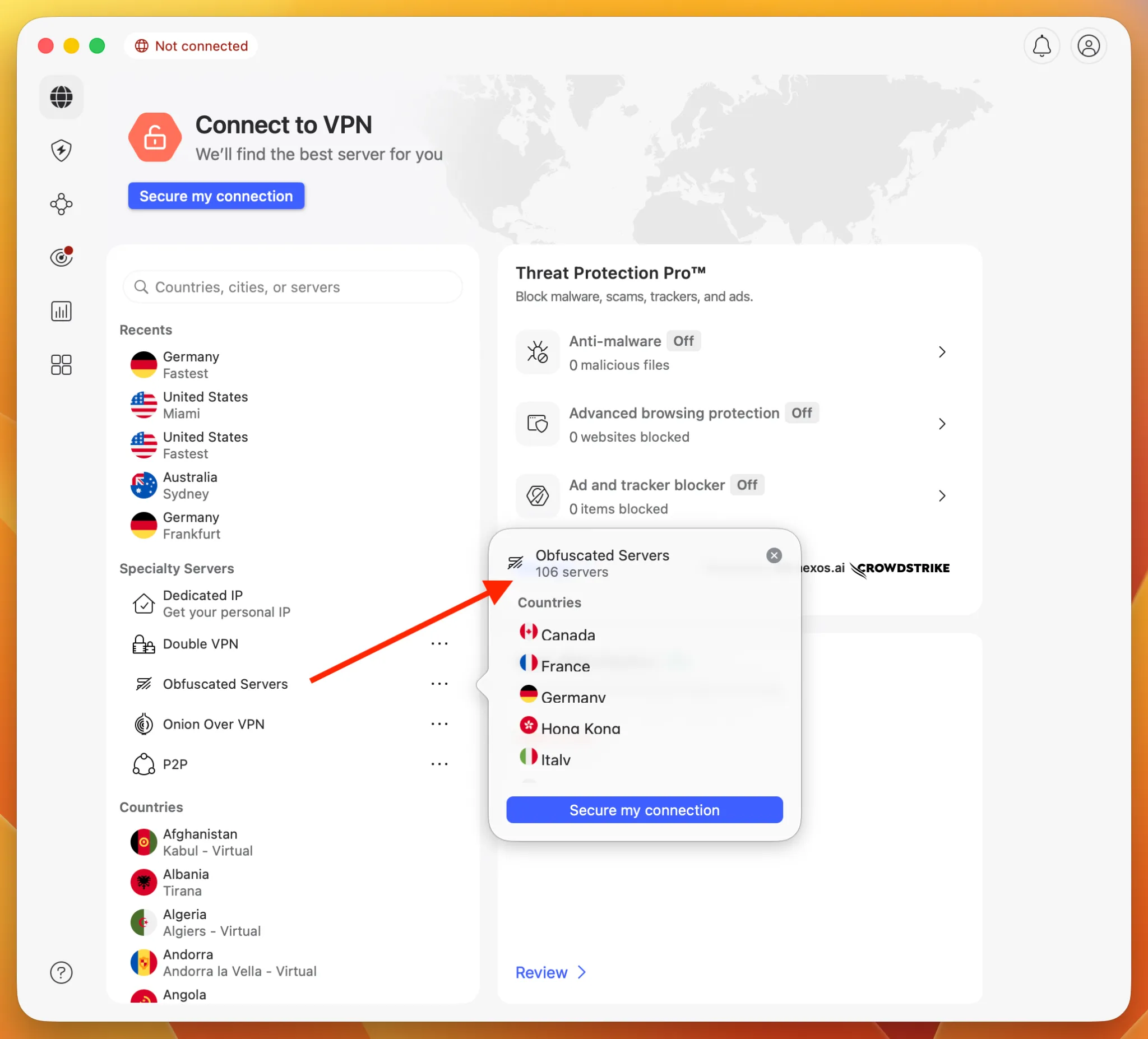 nordvpn_macos_seznam_zemi_obfuskovane_servery | Venclíkovi.cz Seznam dostupných obfuskovaných serverů v aplikaci NordVPN na macOS, včetně zemí jako Kanada, Francie, Německo, Hongkong a Itálie.