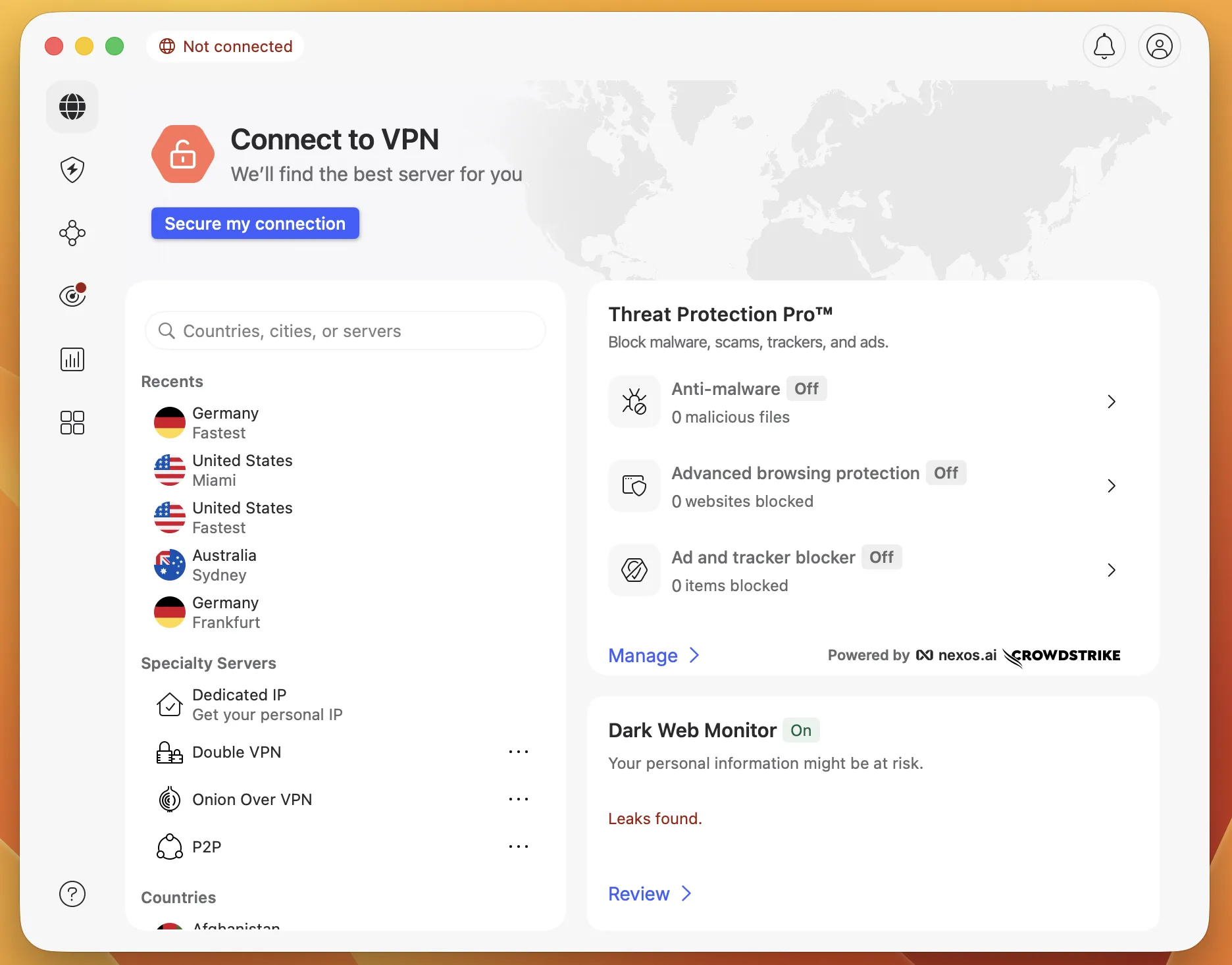 nordvpn_macos_uvodni_obrazovka | Venclíkovi.cz Úvodní obrazovka NordVPN na macOS s nabídkou zabezpečeného připojení, seznamem posledních serverů a bezpečnostními funkcemi jako Threat Protection a Dark Web Monitor.