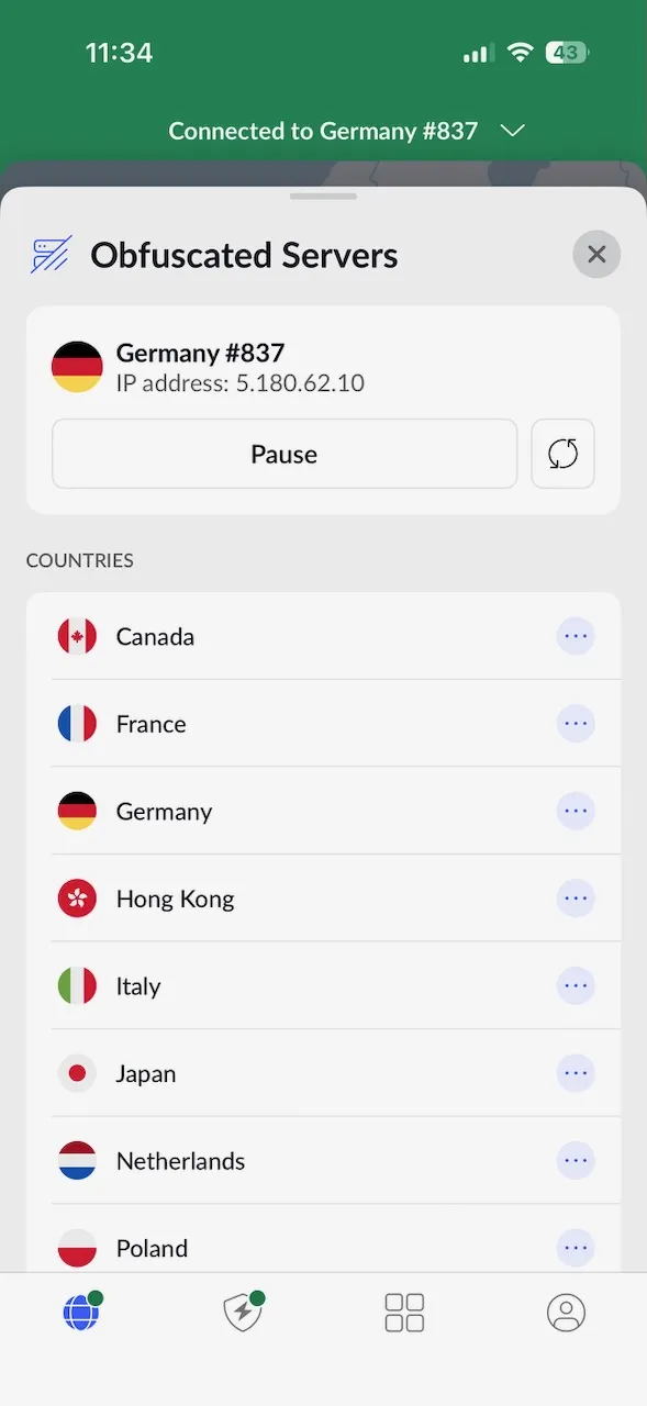 obfuskovane_servery_nordvpn-nemecko | Venclíkovi.cz iPhone s aplikací NordVPN připojený k obfuskovanému serveru v Německu, zobrazený seznam dostupných zemí.
