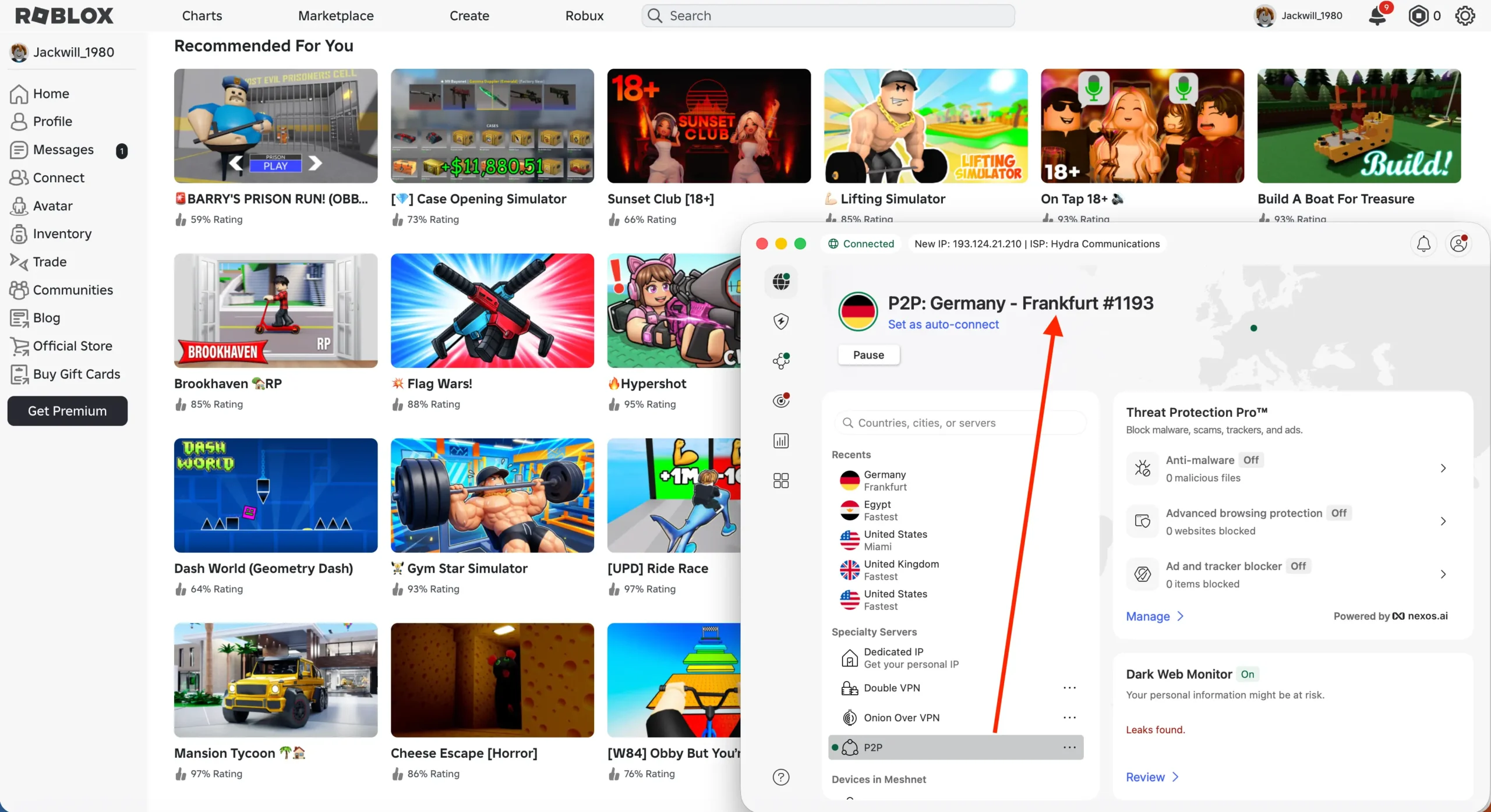 roblox-vpn-connected-germany-frankfurt | Venclíkovi.cz Roblox spuštěný přes VPN připojení na server NordVPN ve Frankfurtu – ideální volba pro hraní bez omezení