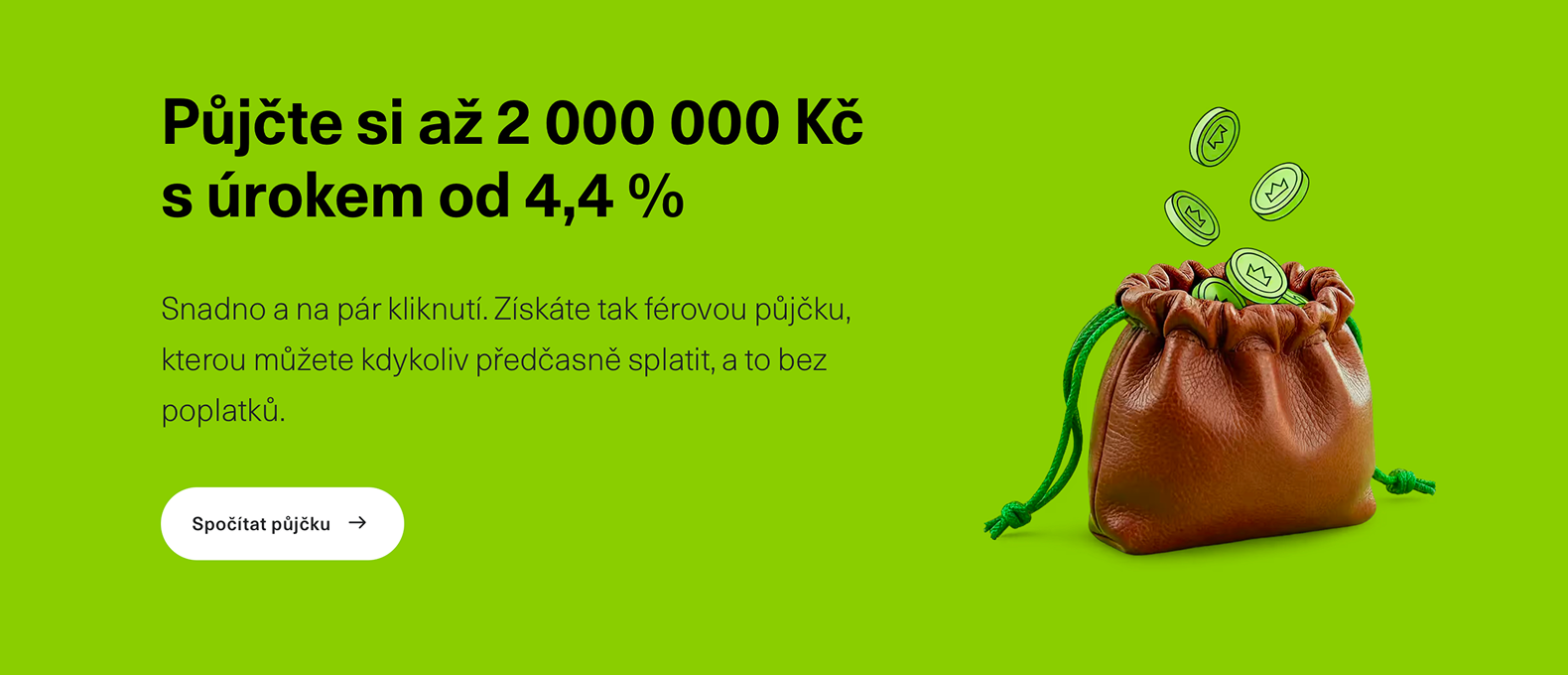 AirBank půjčka | Venclíkovi.cz Zelené pozadí s velkým textem nabízejícím půjčku až 2 000 000 Kč s úrokem 4,4 %, tlačítko Spočítat půjčku a hnědá taška se mincemi v pravém rohu.
