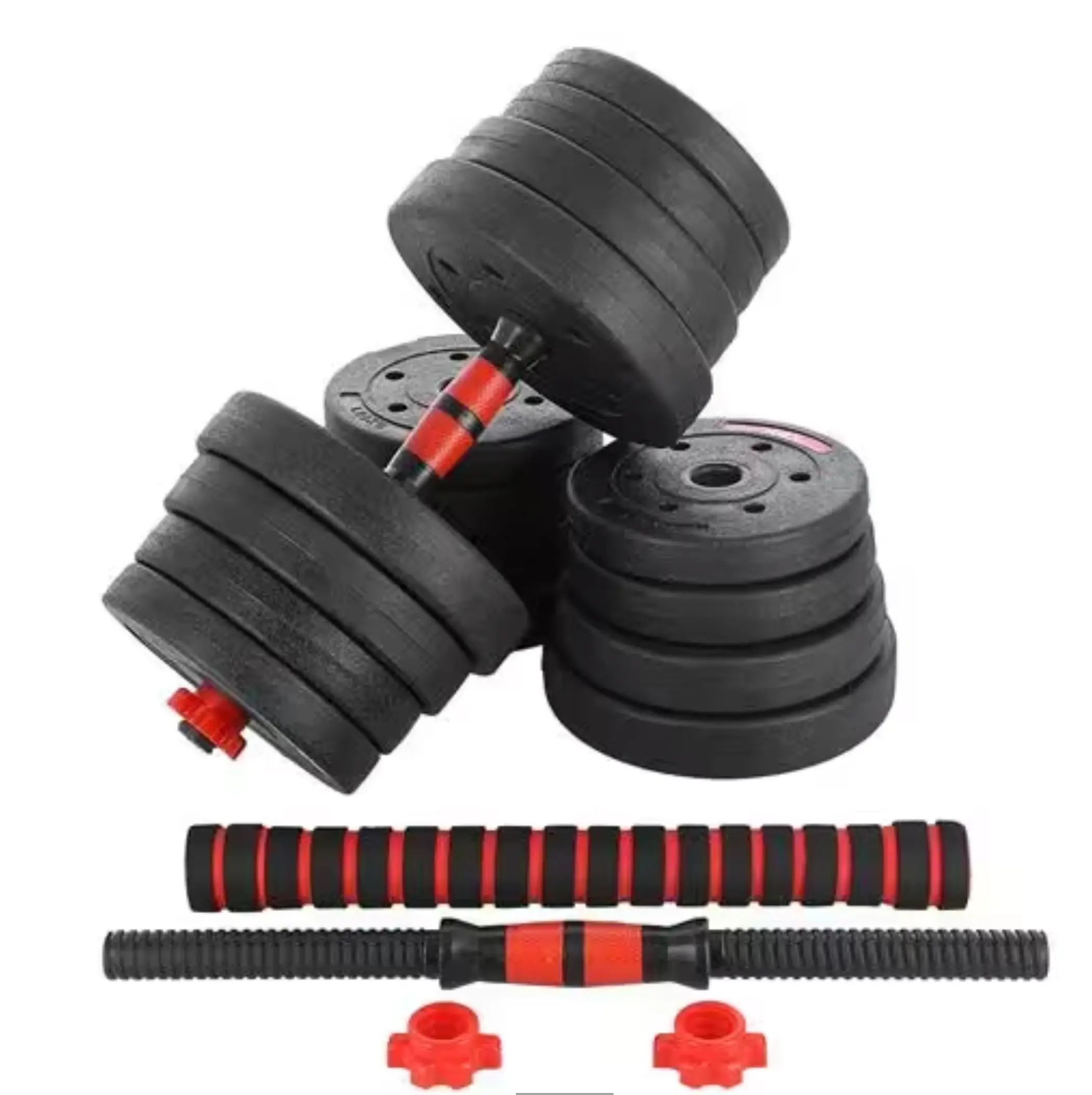 Černé a červené nastavitelné činky se spojovací tyčí, vhodné pro domácí posilování.