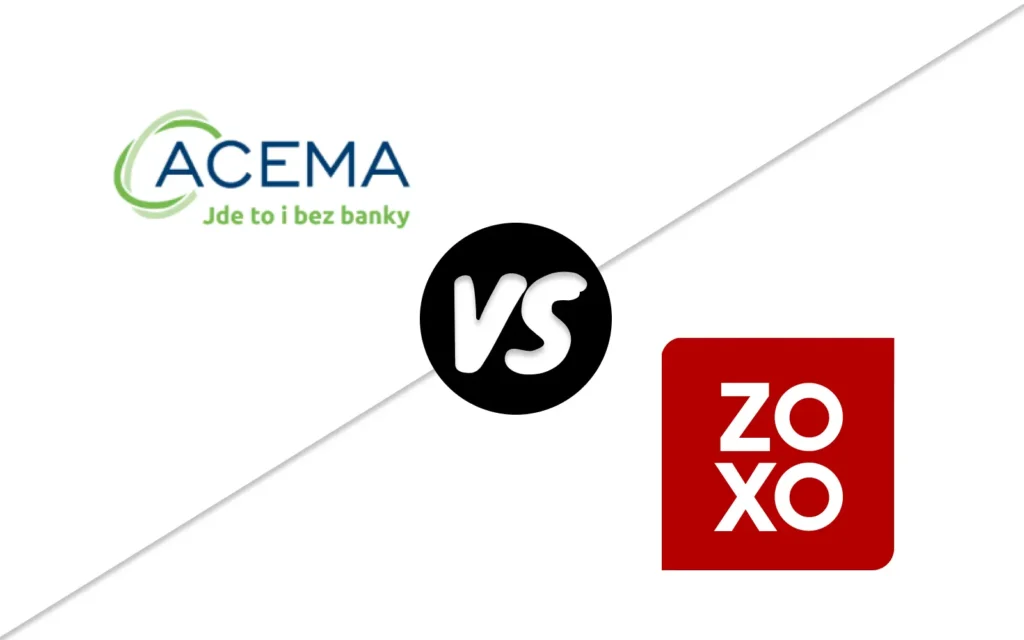 Srovnání ACEMA a ZOXO, dva poskytovatelé podnikatelských půjček proti nemovitosti, vedle sebe s logy a velkým VS uprostřed.