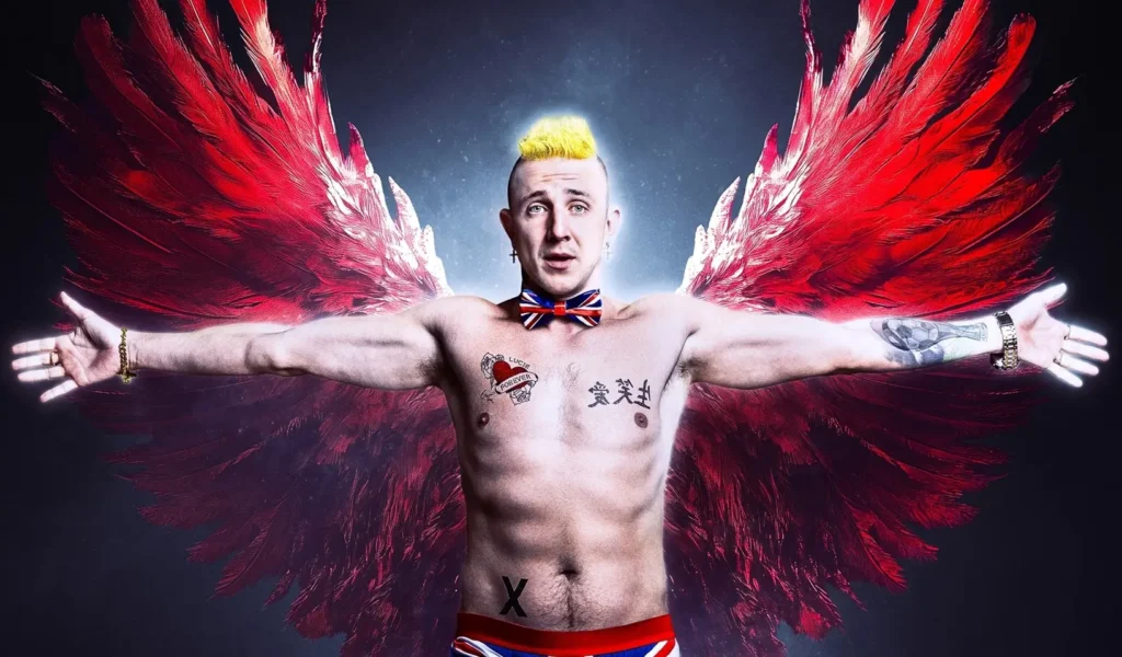 Symbolický obraz k filmu Vyšehrad Dvje - hlavní postava Lavi ve výrazné stylizaci s červenými křídly jako metafora přehnanosti a provokace