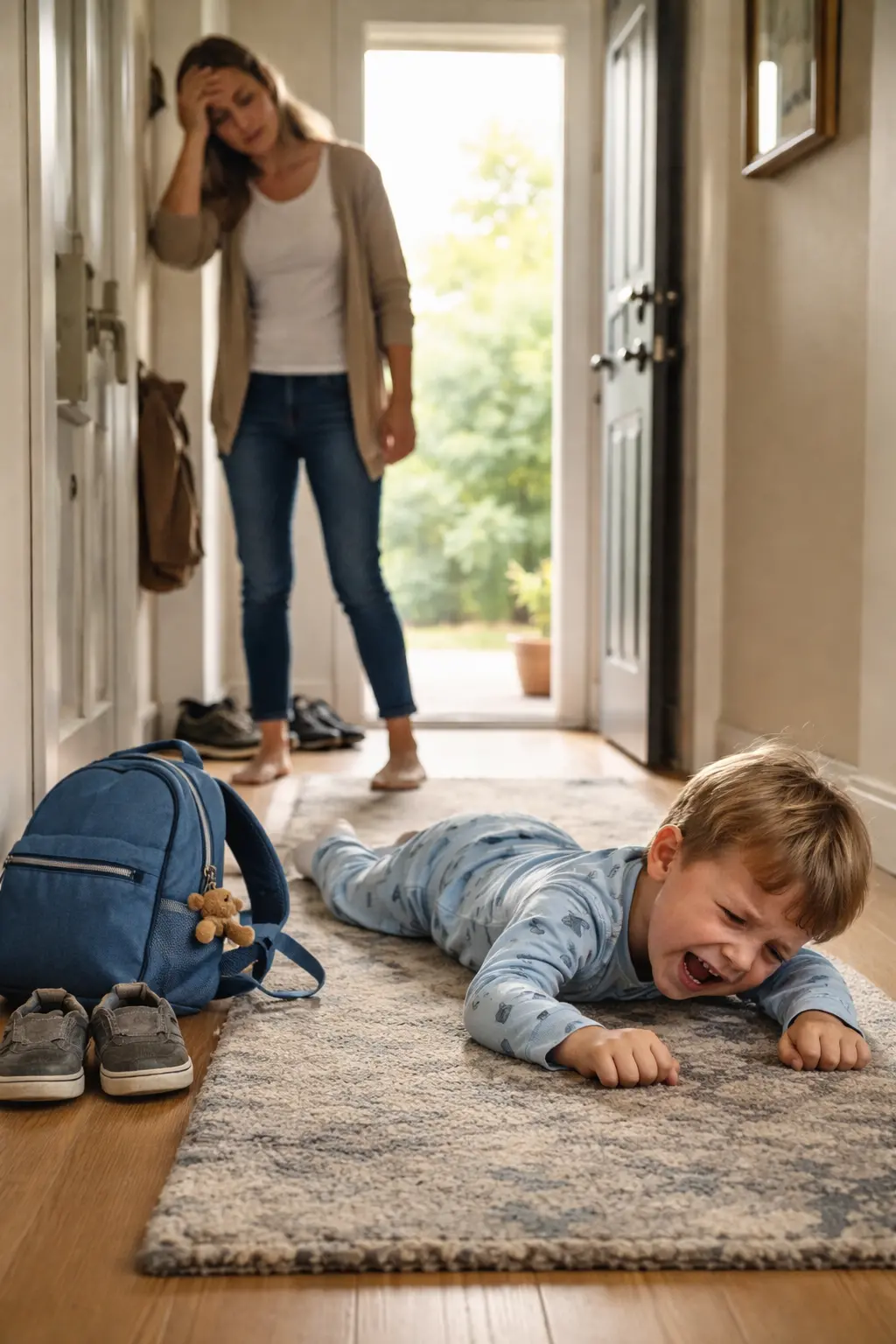 rano odchod | Venclíkovi.cz Malý chlapec leží na zemi v předsíni a pláče, zatímco maminka stojí u otevřených dveří připravená odejít