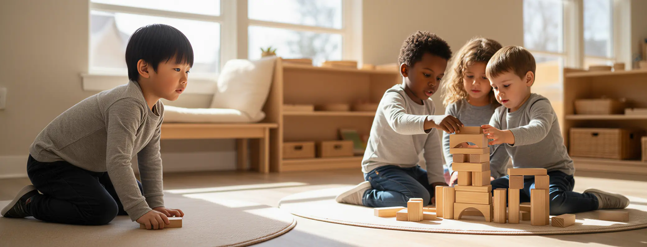 skolka hraní | Venclíkovi.cz Děti ve školce si společně hrají s dřevěnými kostkami, zatímco jedno dítě je tiše pozoruje z dálky.